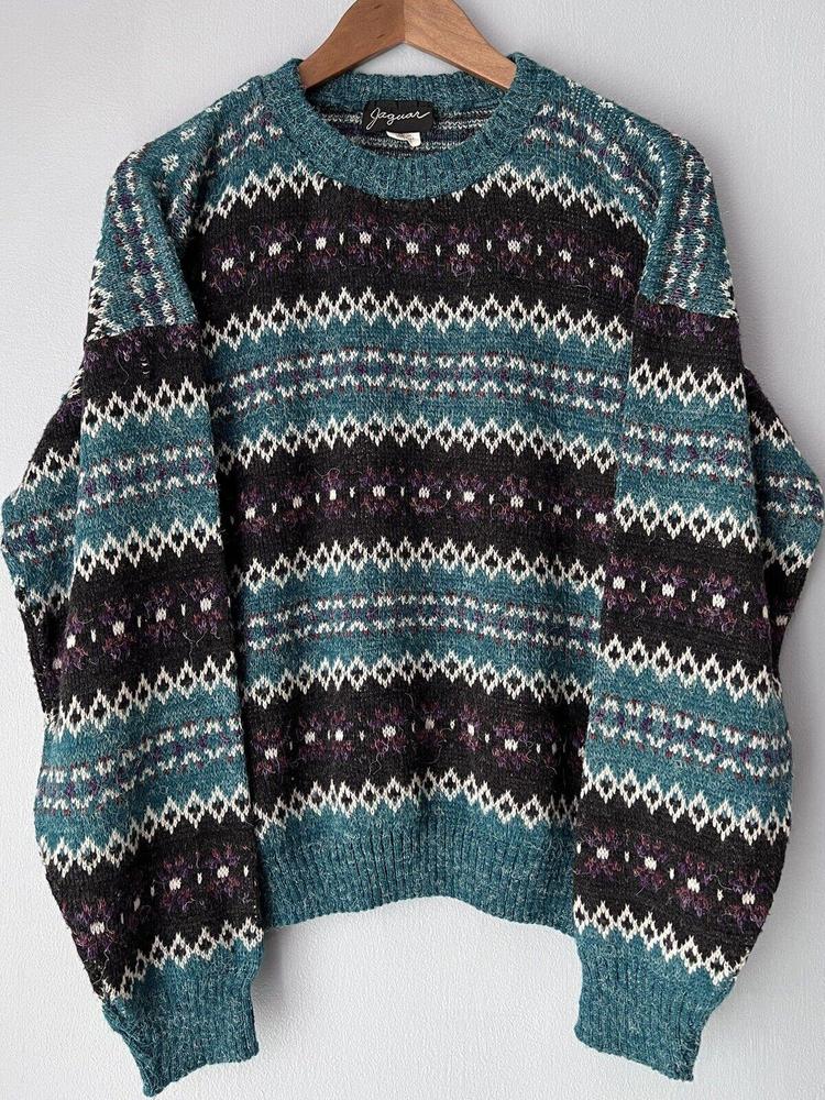 VTG Acrylic Sweater Jaguar Sweatshirt Knit Geometric USA High Waisted Womens L